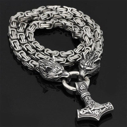 60–90 cm Stainless Steel Double Wolf Head & Hammer Survival Spirit Necklace/Bracelet