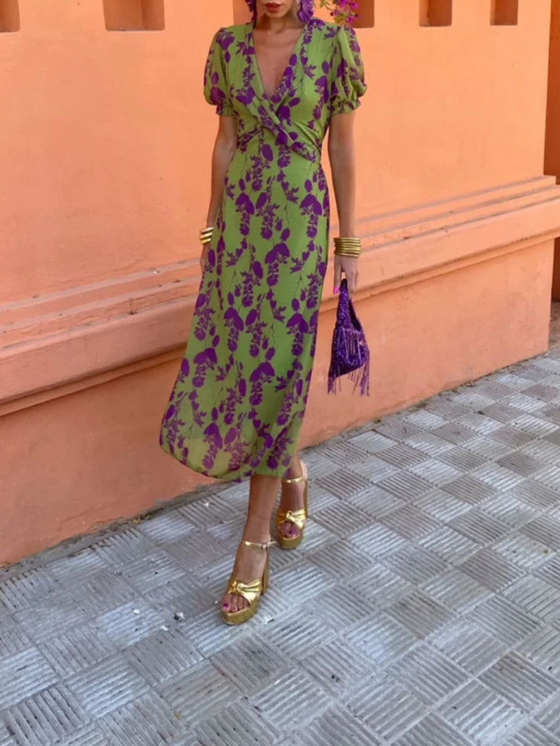 Women's Green Floral Print Midi Dress | V-Neck