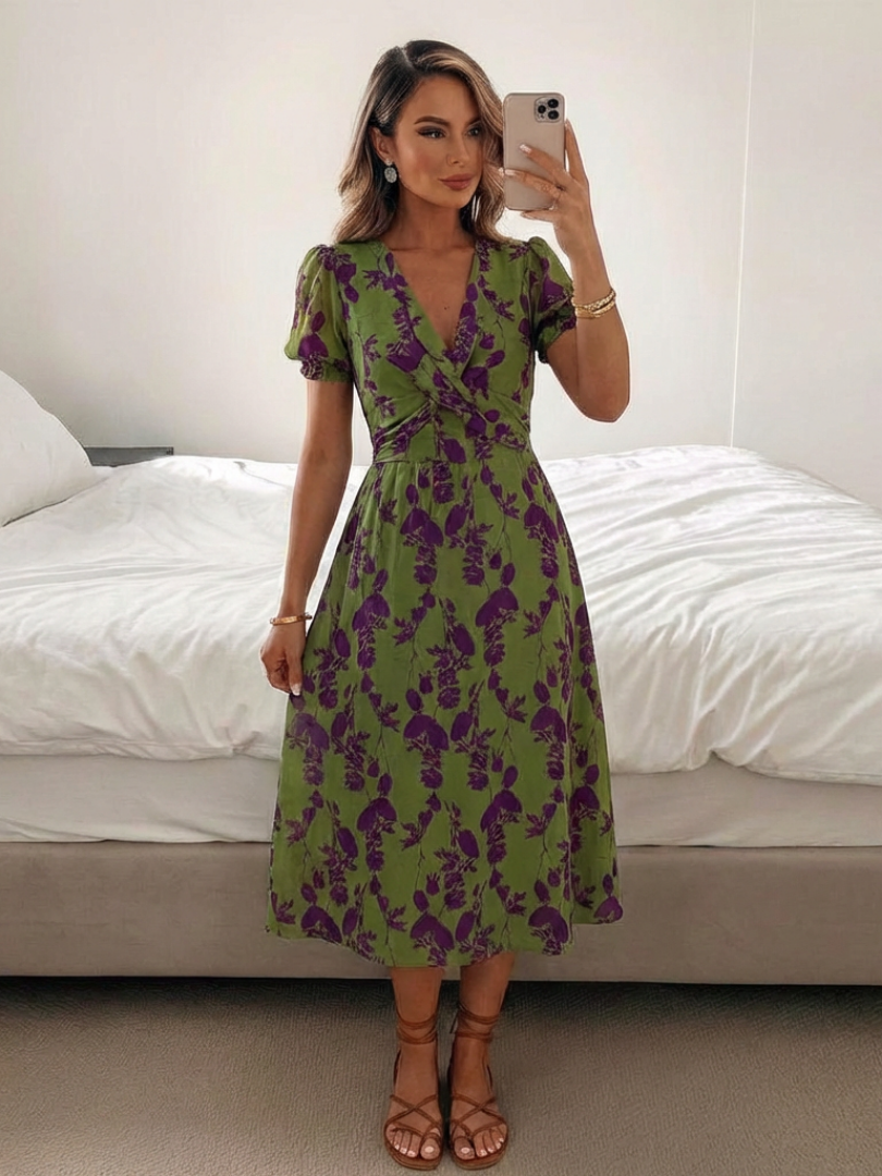 Women's Green Floral Print Midi Dress | V-Neck
