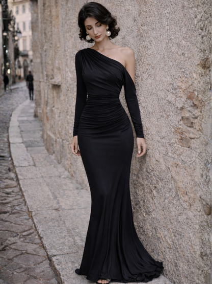 Women's Black One Shoulder Mermaid Maxi Dress | Long Sleeve