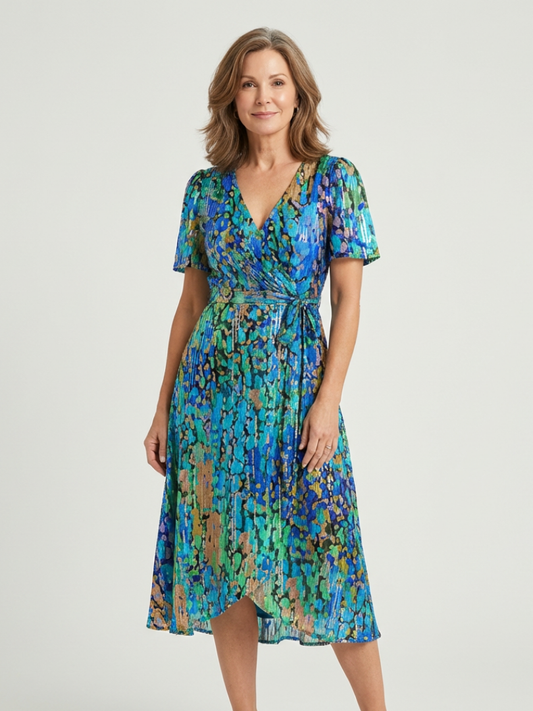 Women's V-Neck Short Sleeve Floral Wrap Dress | Midi