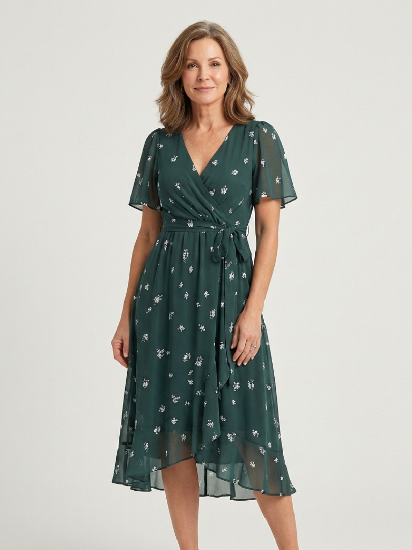 Women's V-Neck Short Sleeve Floral Wrap Dress | Midi