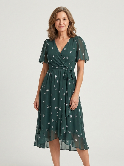 Women's V-Neck Short Sleeve Floral Wrap Dress | Midi