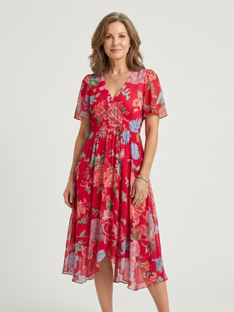 Women's V-Neck Short Sleeve Floral Wrap Dress | Midi