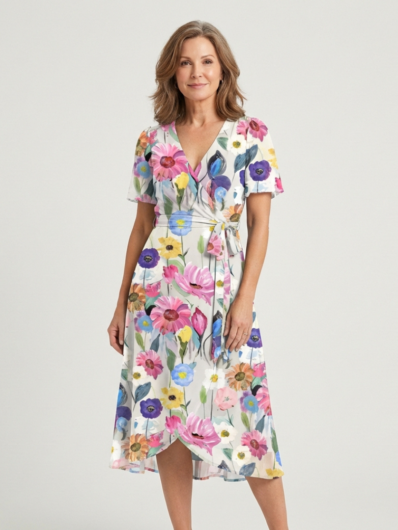 Women's V-Neck Short Sleeve Floral Wrap Dress | Midi