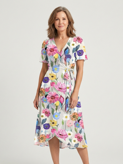 Women's V-Neck Short Sleeve Floral Wrap Dress | Midi