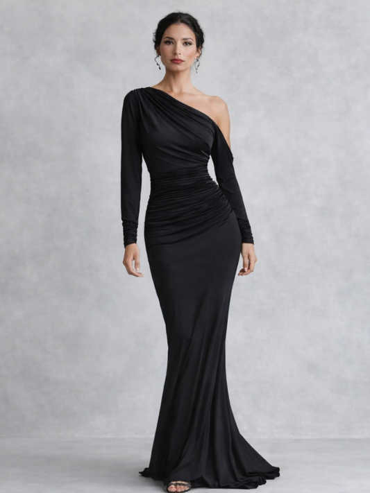 Women's Black One Shoulder Mermaid Maxi Dress | Long Sleeve