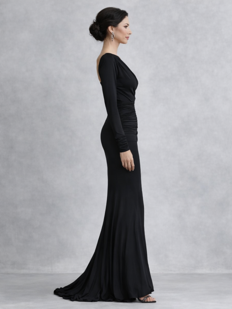 Women's Black One Shoulder Mermaid Maxi Dress | Long Sleeve
