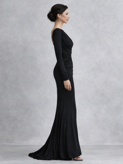 Women's Black One Shoulder Mermaid Maxi Dress | Long Sleeve
