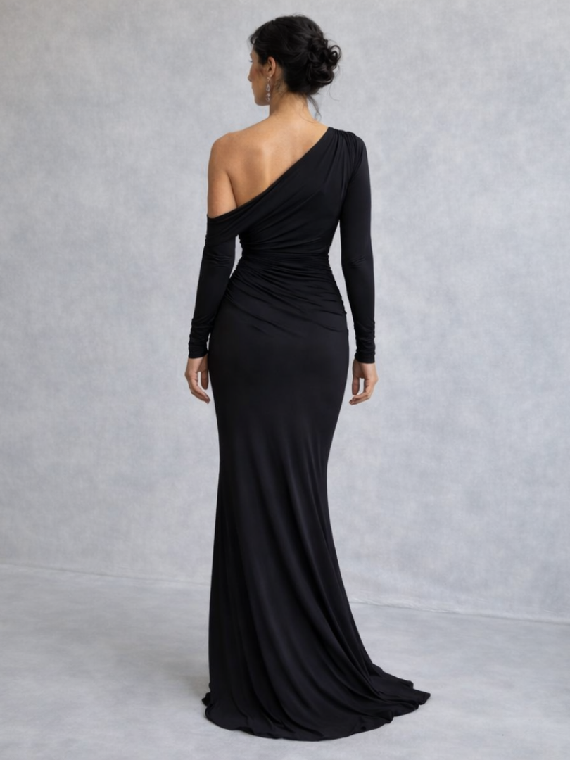 Women's Black One Shoulder Mermaid Maxi Dress | Long Sleeve