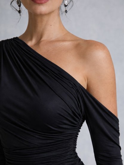 Women's Black One Shoulder Mermaid Maxi Dress | Long Sleeve