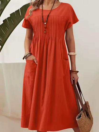Women Casual Short Sleeve Midi Dress | with Pockets