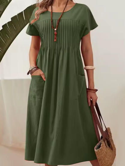 Women Casual Short Sleeve Midi Dress | with Pockets