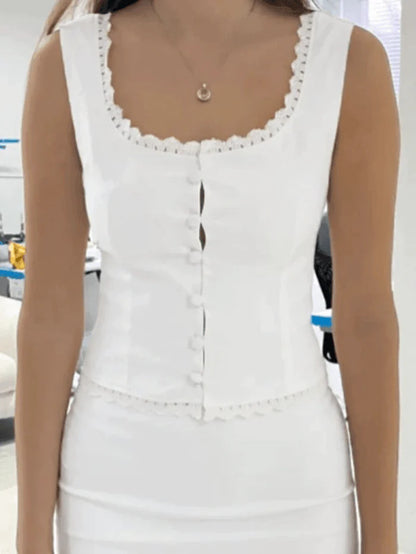 White Vintage Button Front Tank Top with Lace Trim