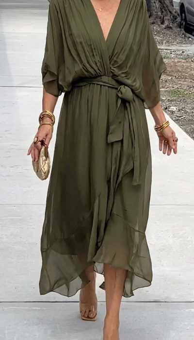 Women's Boho V-Neck Maxi Party Dress | with Tie Waist