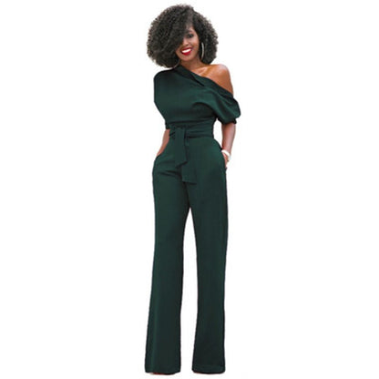 Women's One-Shoulder Wide-Leg Jumpsuit | with Waist Belt