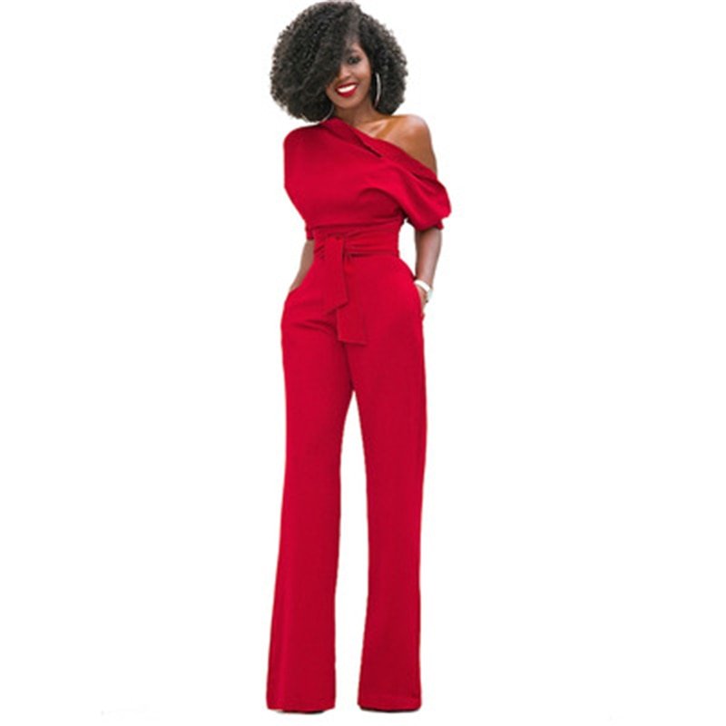 Women's One-Shoulder Wide-Leg Jumpsuit | with Waist Belt