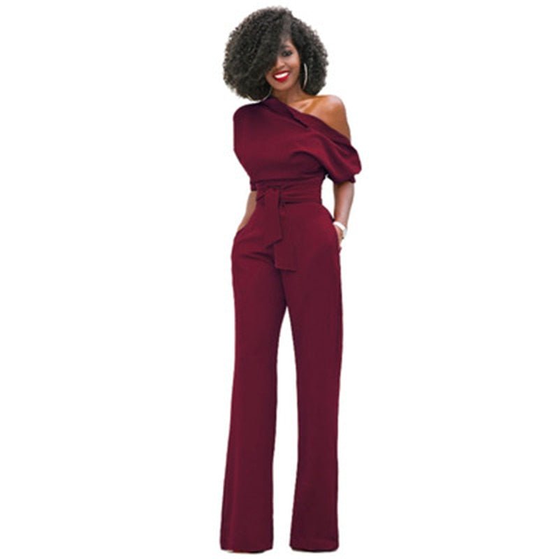 Women's One-Shoulder Wide-Leg Jumpsuit | with Waist Belt