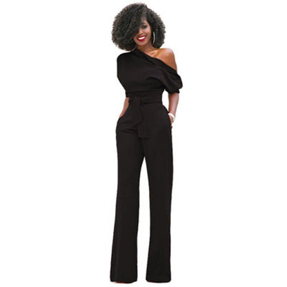 Women's One-Shoulder Wide-Leg Jumpsuit | with Waist Belt