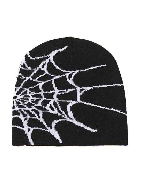 Punk Black Beanie Hat with Spiderweb Design