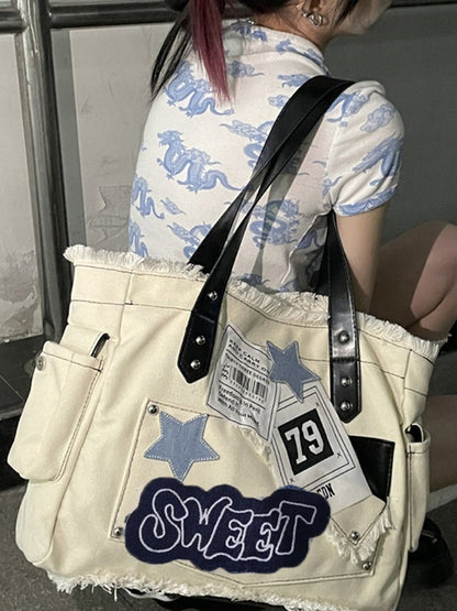 Y2K Large Sticker Canvas Bag with Star Patches