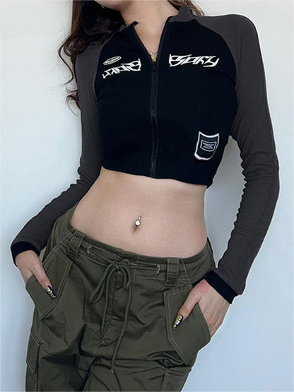 Black Long Sleeve Moto Crop Top with Zip