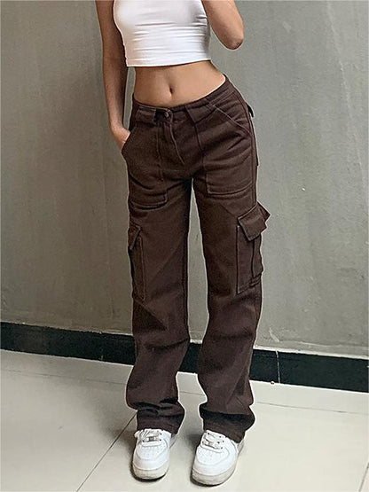 Brown Baggy Cargo Jeans with Patch Pockets