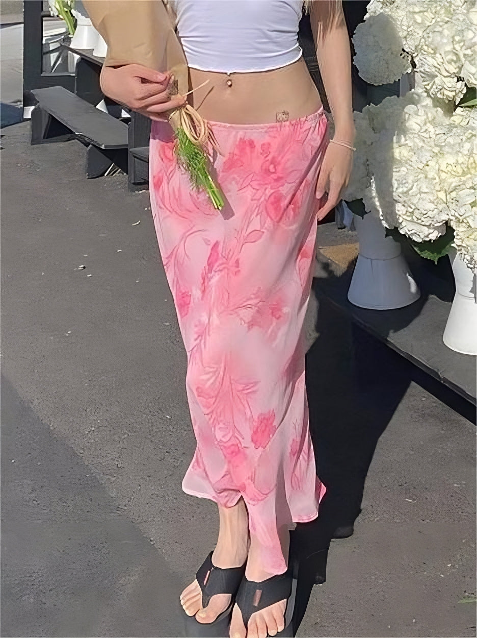 Jupe mi-longue rose en mousseline à imprimé floral