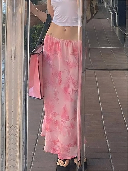 Pink Chiffon Midi Skirt with Floral Print