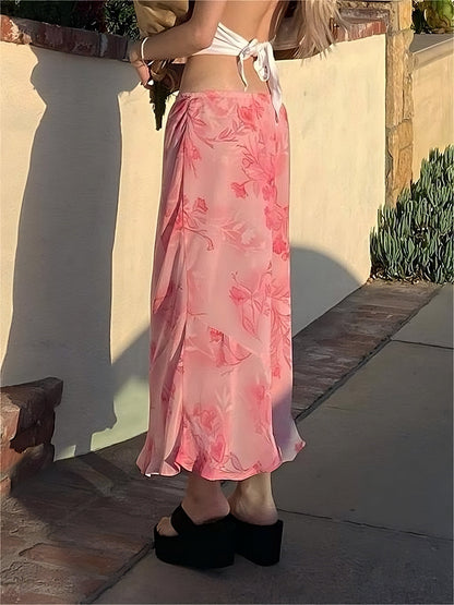 Roze midi-rok van chiffon met bloemenprint