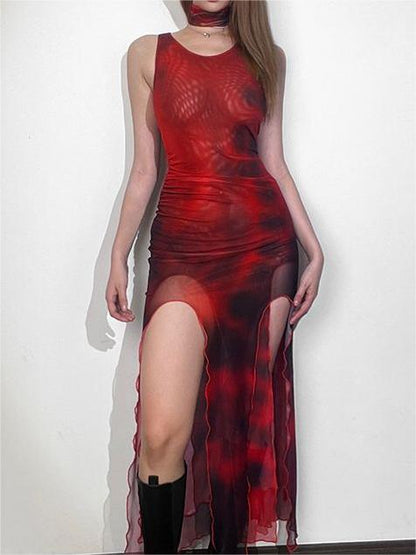 Red Mesh Bodycon Maxi Dress with Slit