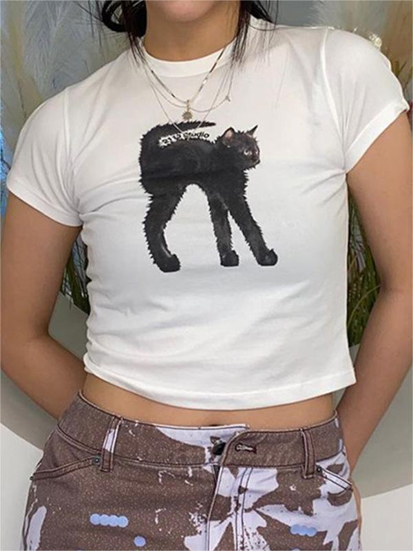 White Crop Top with Black Cat Print