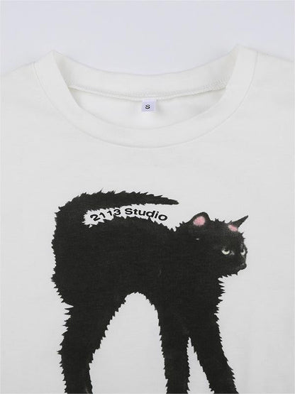 Crop top blanc à imprimé chat noir