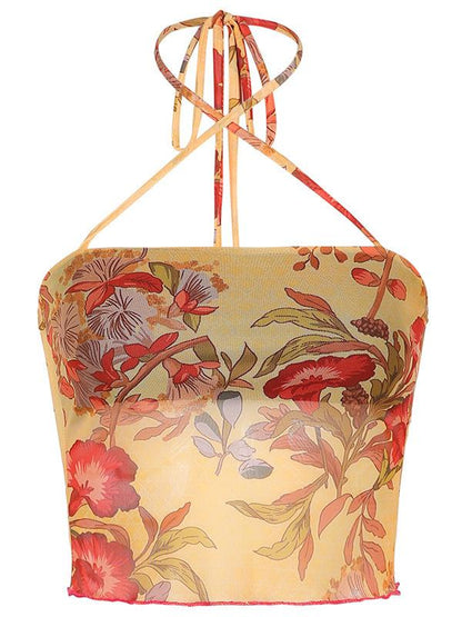Cami-top van mesh met bloemmotief en halterhals