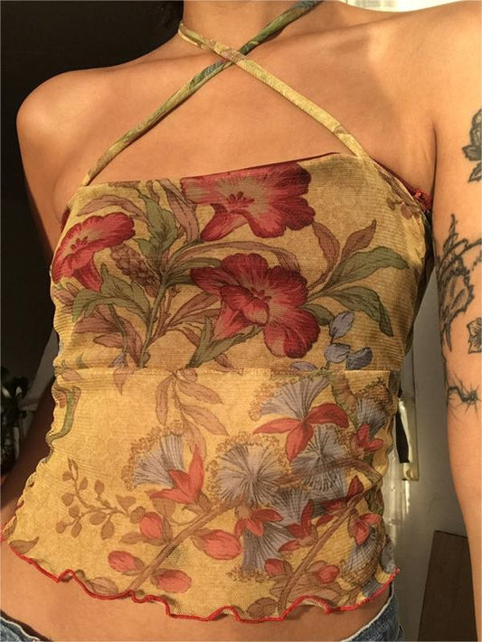 Top camisole court en maille à motif floral avec dos nu