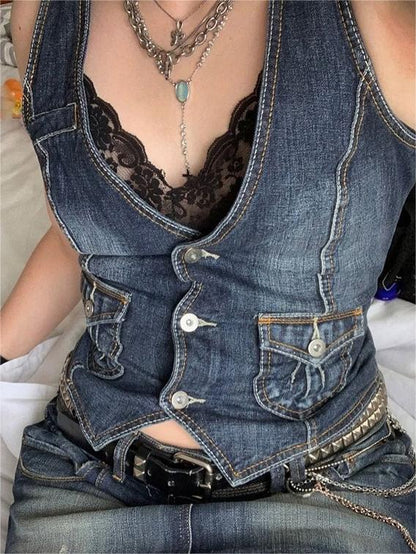 Denim Corset Top with Button Front