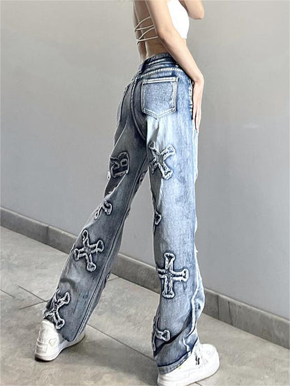 Faded Effect Boyfriend Jeans with Letter Patch