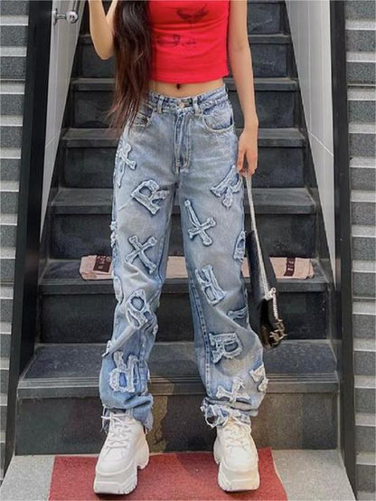 Faded Effect Boyfriend Jeans with Letter Patch