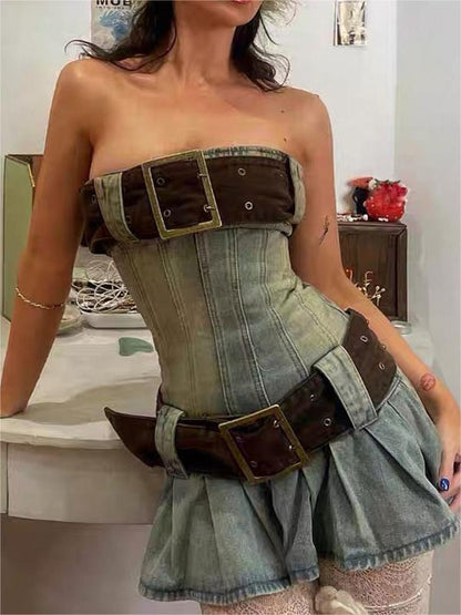 Strapless Denim Mini Dress with Belt