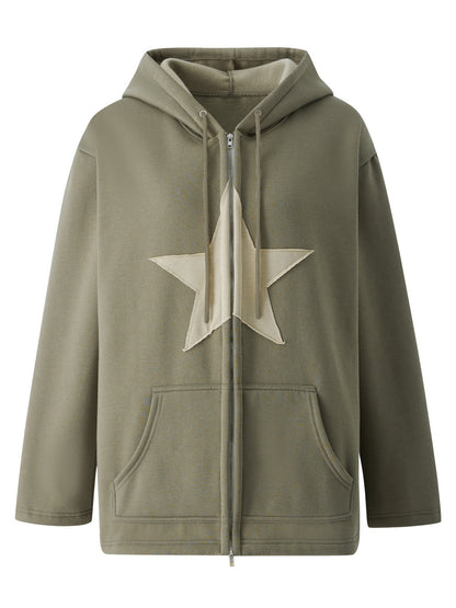 Green Vintage Baggy Hoodie with Star Patch and Zipper