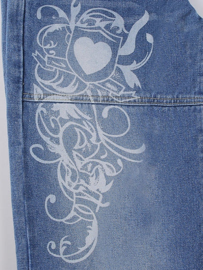 Y2k Cargo-jeans met verwassen effect en hartpatroon
