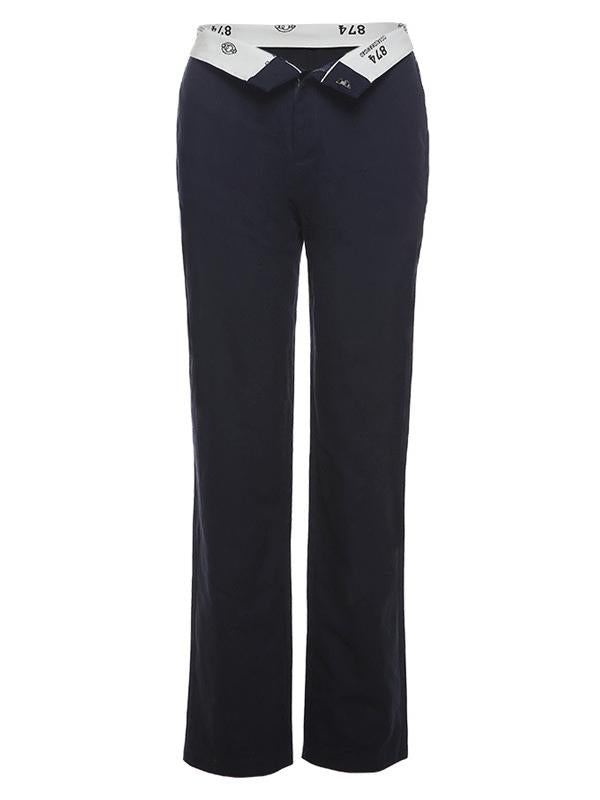 Donkerblauwe broek met rechte pijpen en opvouwbare taille