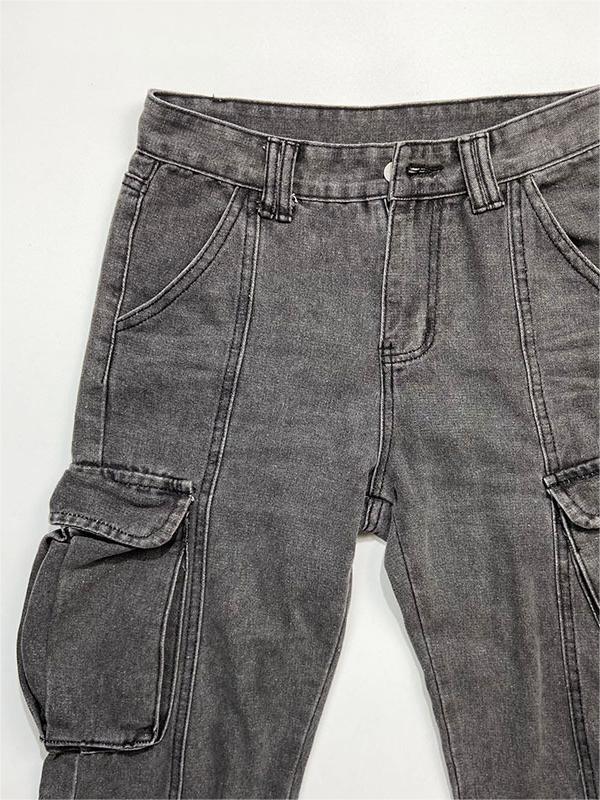 Grey Mid Waist Cargo Jeans with Patched Pockets