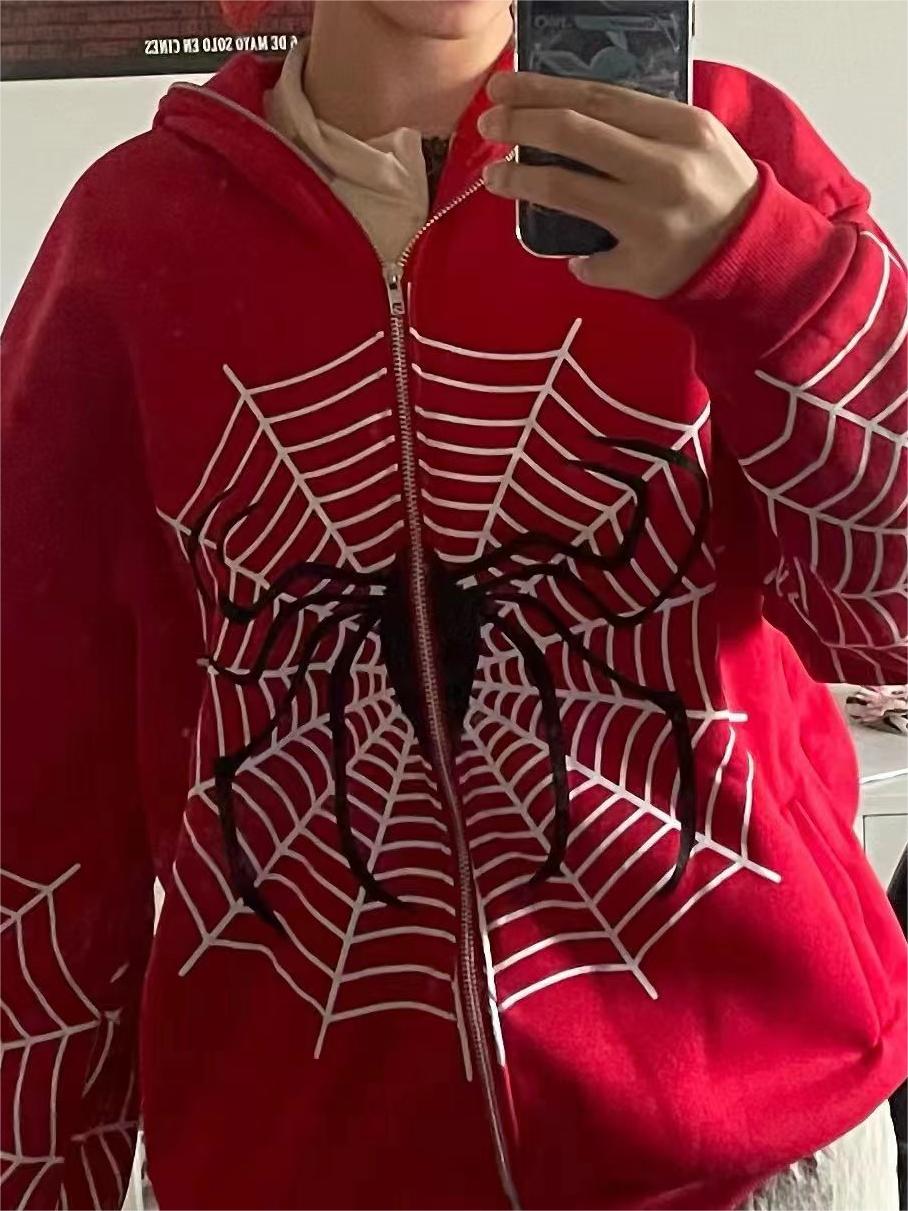Sweat à capuche zippé rouge avec logo araignée