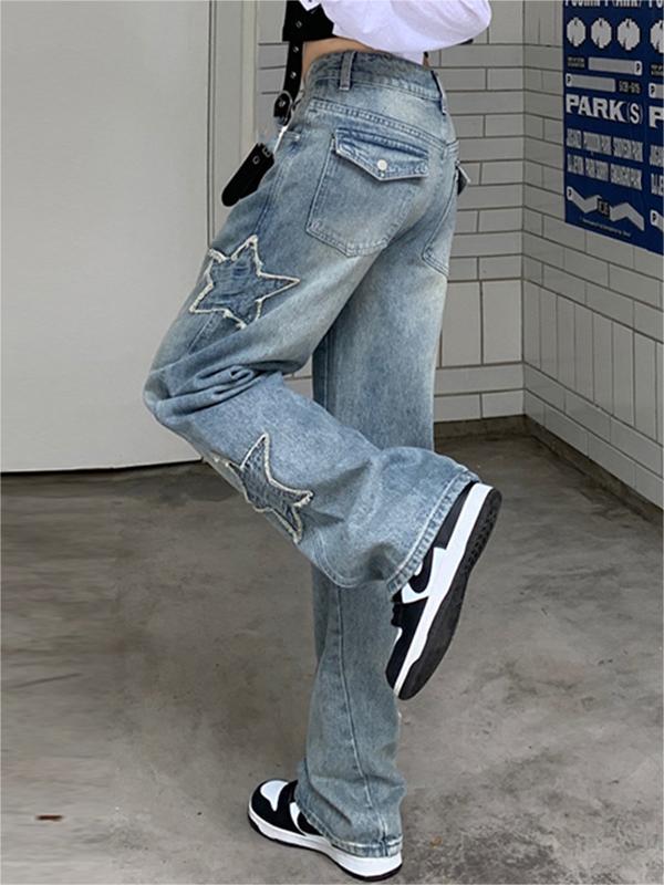 Washed Effect Vintage Boyfriend Jeans with Stars Patch
