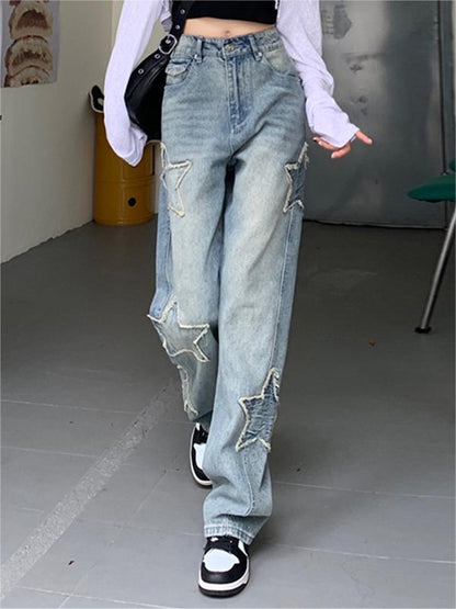 Vintage Boyfriend-jeans met verwassen effect en sterrenpatch