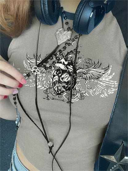 Raglan Sleeve Crop Top with Grunge Wing Print