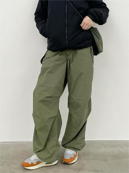 Green Oversize Parachute Cargo Pants with Drawstring