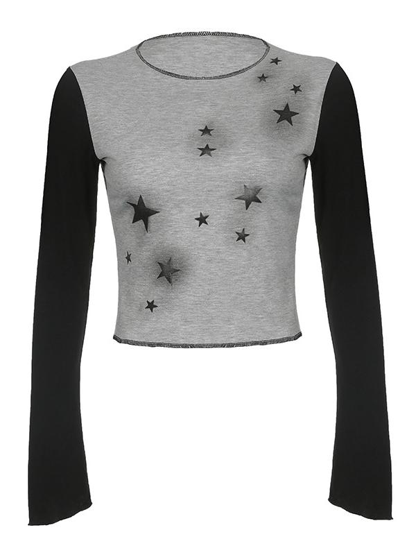 Vintage Star Long Sleeve Crop Top with Stitches Details