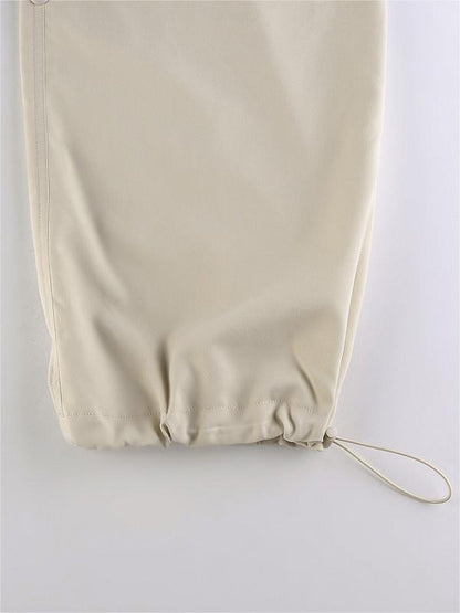 Pantalon Cargo Baggy Parachute Beige avec Cordon de Serrage